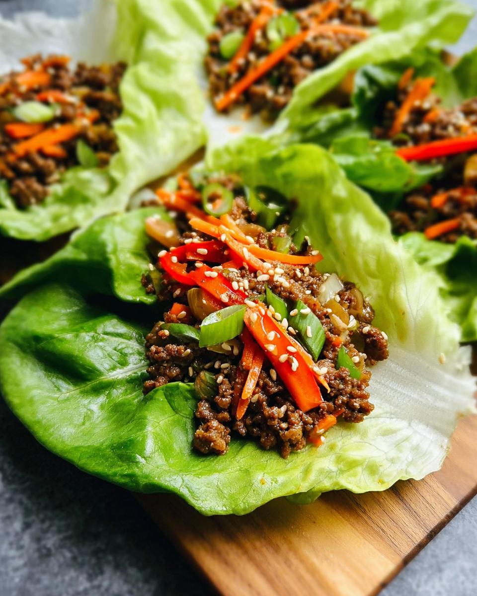 A close-up view of Asian Ground Beef Lettuce Wraps filled with seasoned ground beef, carrots, peppers, and sesame seeds.