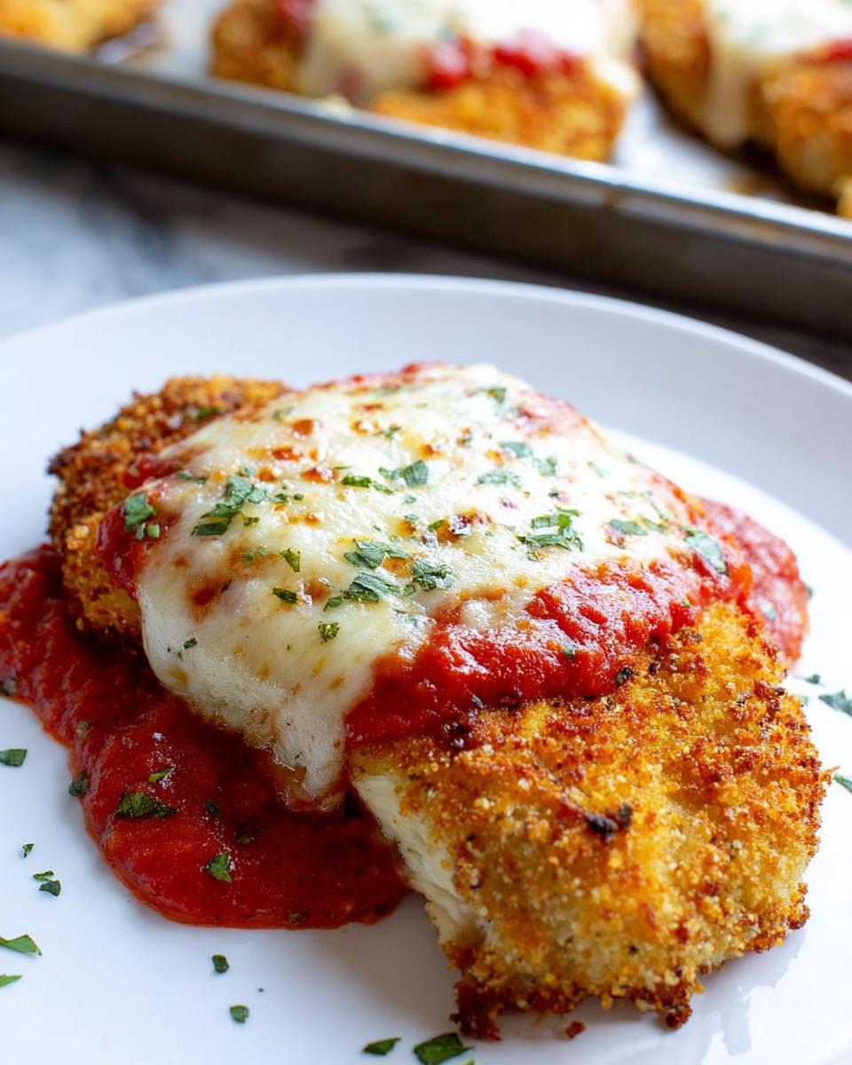 A crispy, golden Baked Chicken Parmesan with Mozzarella, topped with marinara sauce and fresh parsley on a white plate.