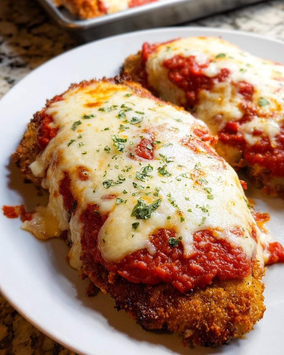 Two servings of crispy Baked Chicken Parmesan with Mozzarella topped with marinara sauce and fresh parsley.