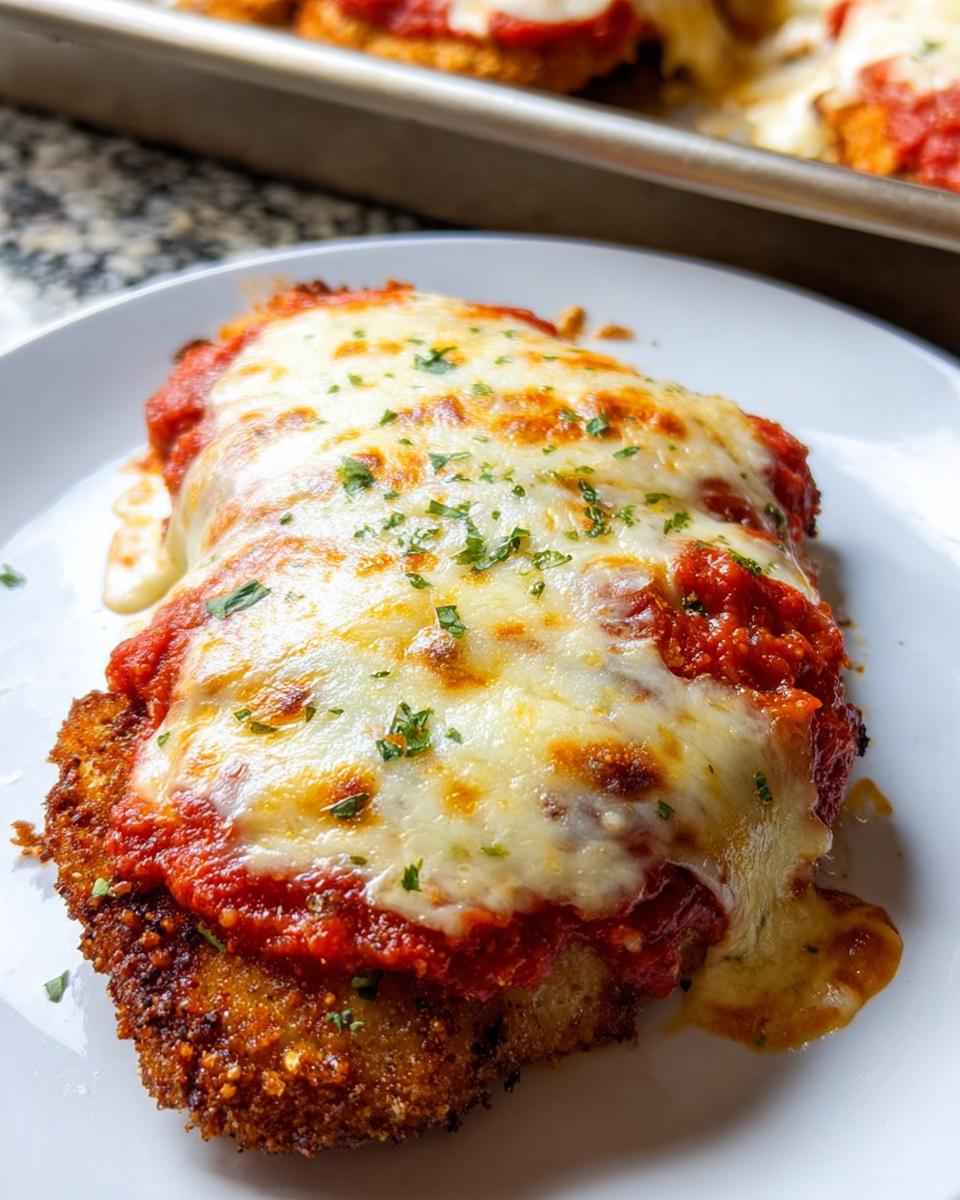 A close-up of a serving of Baked Chicken Parmesan with Mozzarella, topped with melted cheese and marinara sauce.