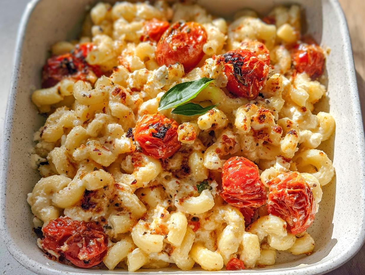 Close-up of creamy Baked Feta Tomato Pasta mixed with elbow macaroni, roasted cherry tomatoes, and a basil garnish.