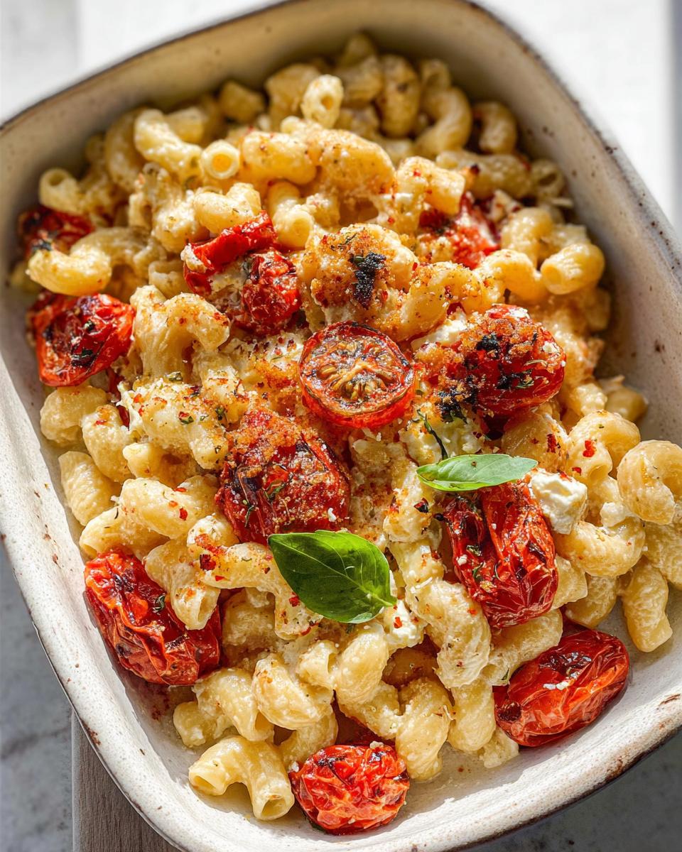 Close-up of creamy Baked Feta Tomato Pasta with roasted cherry tomatoes and basil.