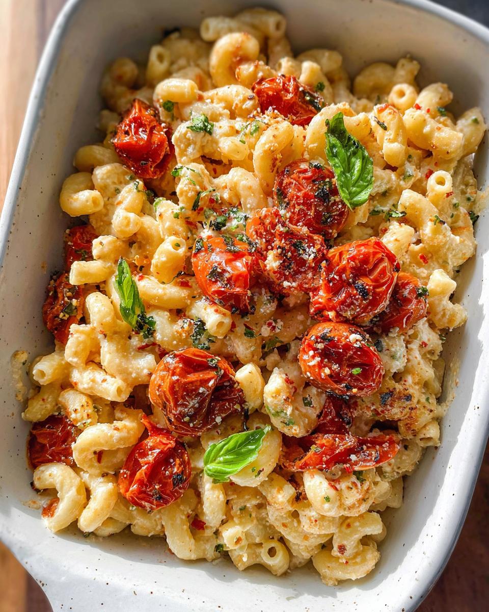 Close-up of creamy Baked Feta Tomato Pasta made with elbow macaroni, roasted cherry tomatoes, and fresh basil.