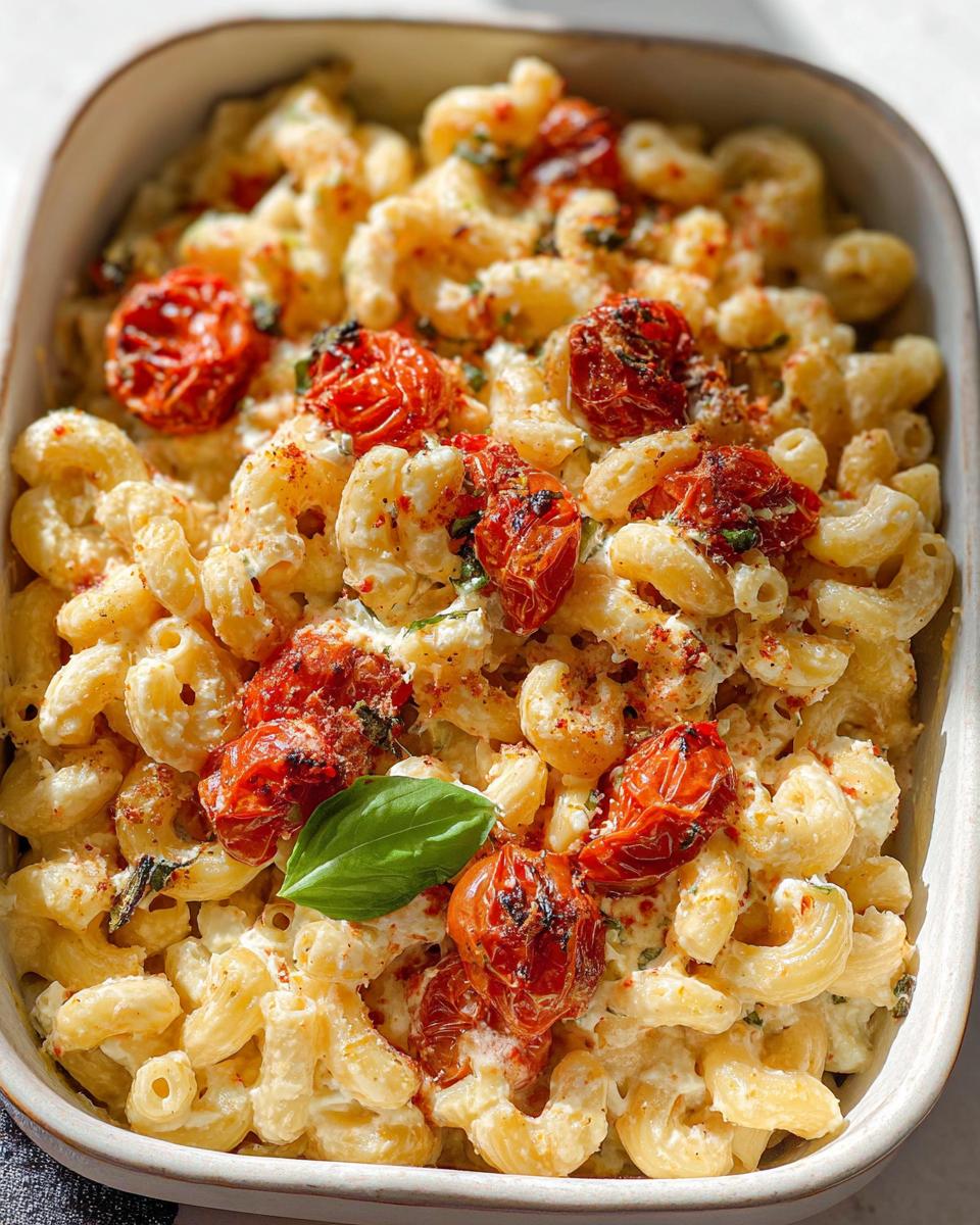 Close-up of creamy Baked Feta Tomato Pasta featuring elbow macaroni, roasted cherry tomatoes, and fresh basil.