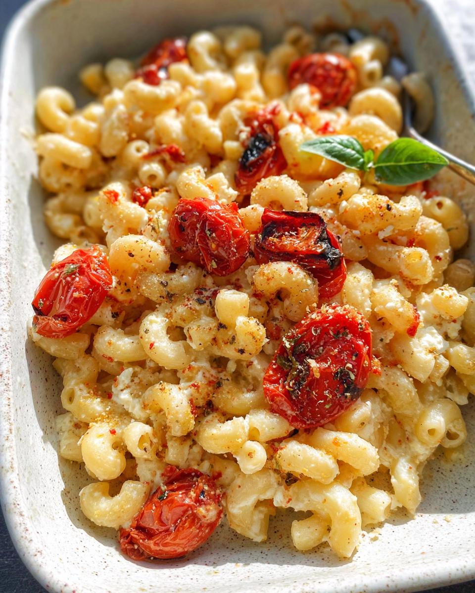 Close-up of creamy Baked Feta Tomato Pasta made with elbow macaroni, roasted cherry tomatoes, and basil.