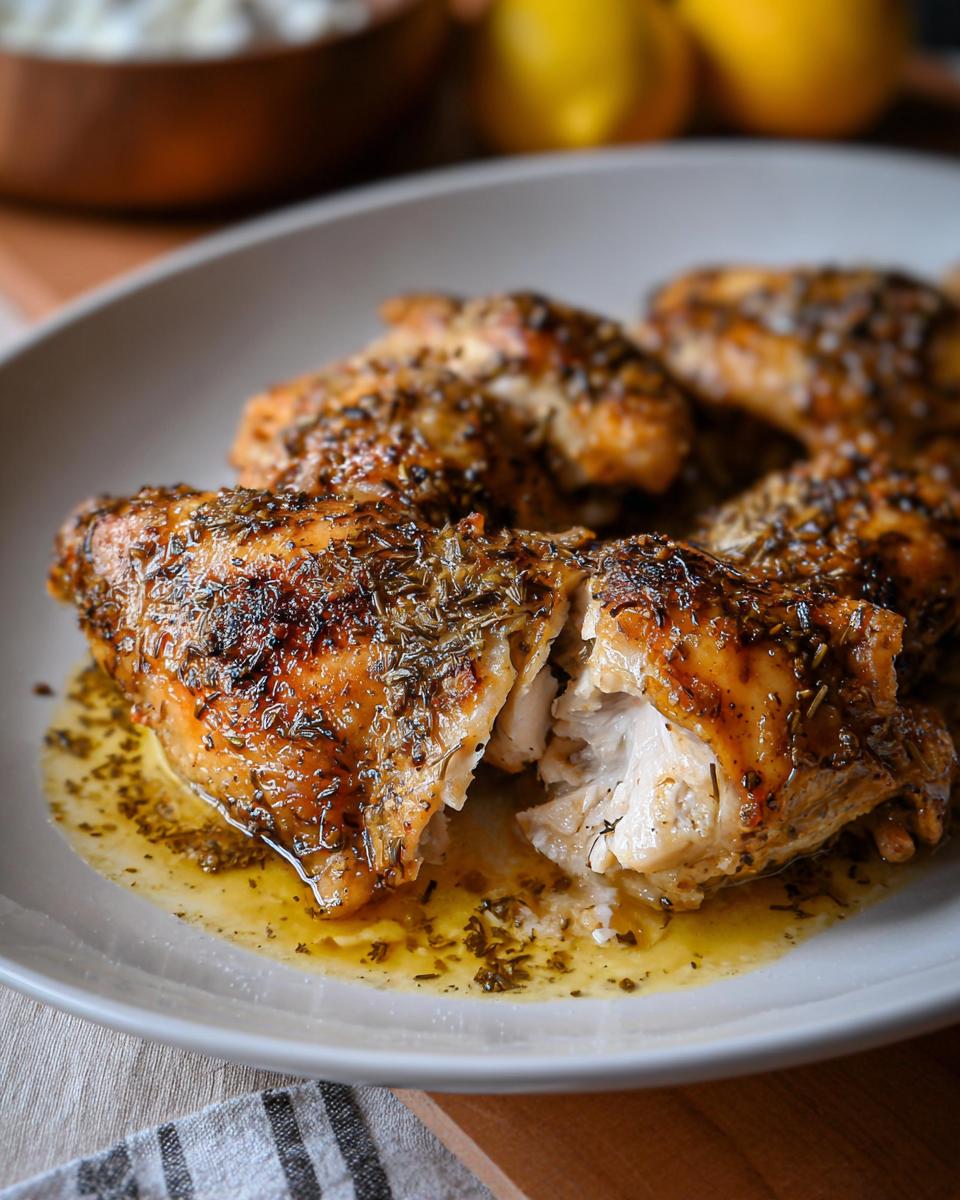 Close-up of a piece of Baked Greek Lemon Oregano Chicken, showing moist white meat and flavorful herb crust.