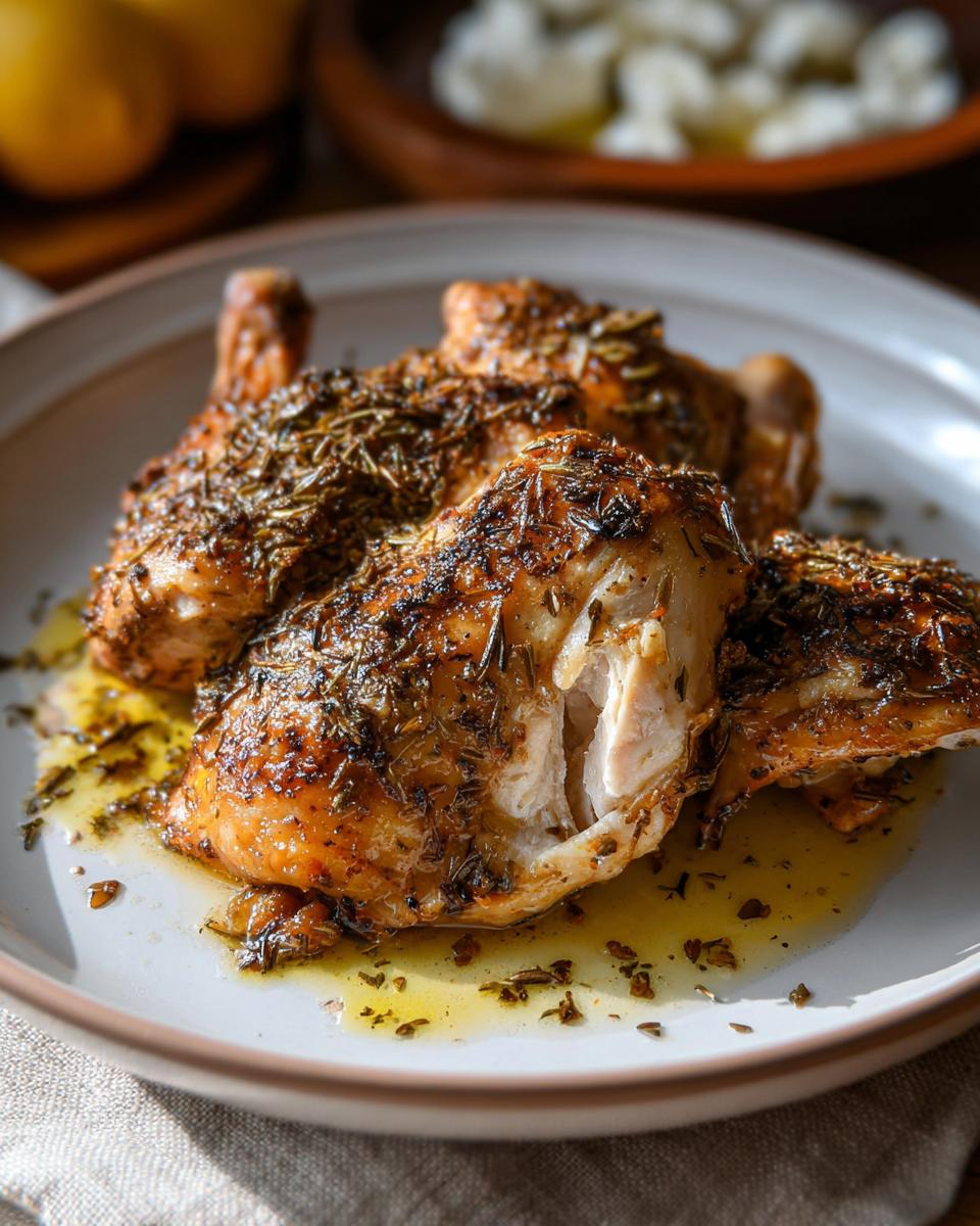 Close-up of juicy Baked Greek Lemon Oregano Chicken pieces with crispy, herb-crusted skin and pan juices.