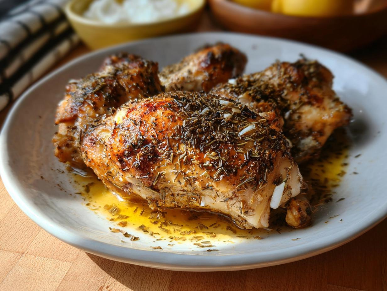 Close-up of juicy Baked Greek Lemon Oregano Chicken pieces seasoned heavily with herbs.