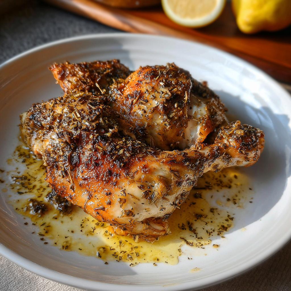 Two pieces of crispy Baked Greek Lemon Oregano Chicken on a white plate with herbs and pan juices.