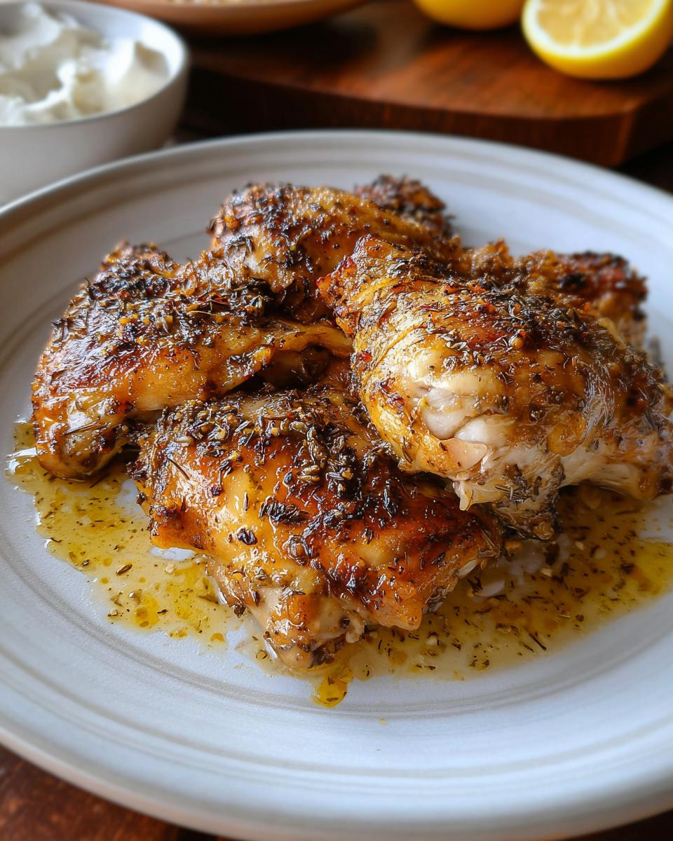 Close-up of juicy Baked Greek Lemon Oregano Chicken thighs seasoned heavily with herbs on a white plate.