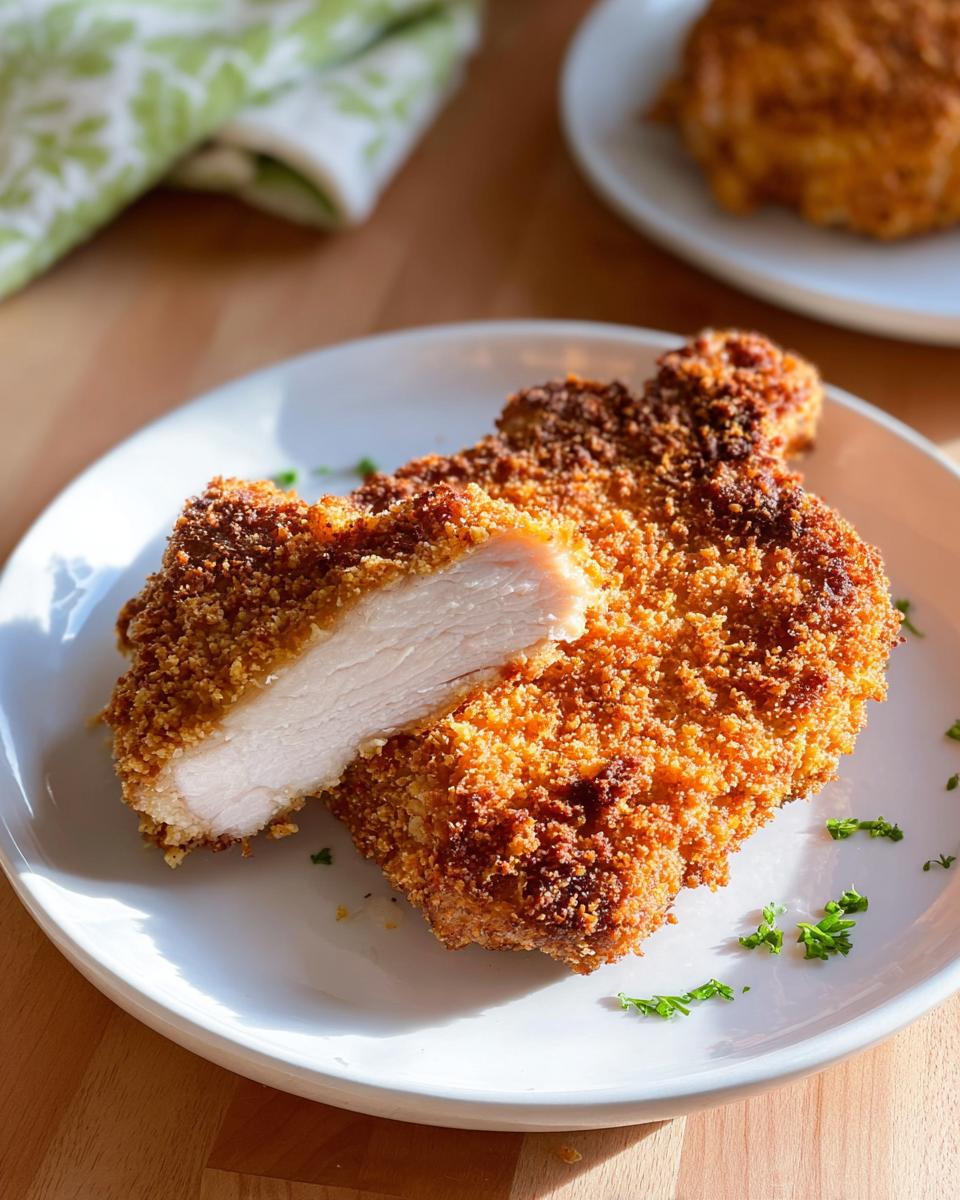 Two Baked Panko Crusted Pork Chops on a white plate, one cut open showing the juicy white interior.
