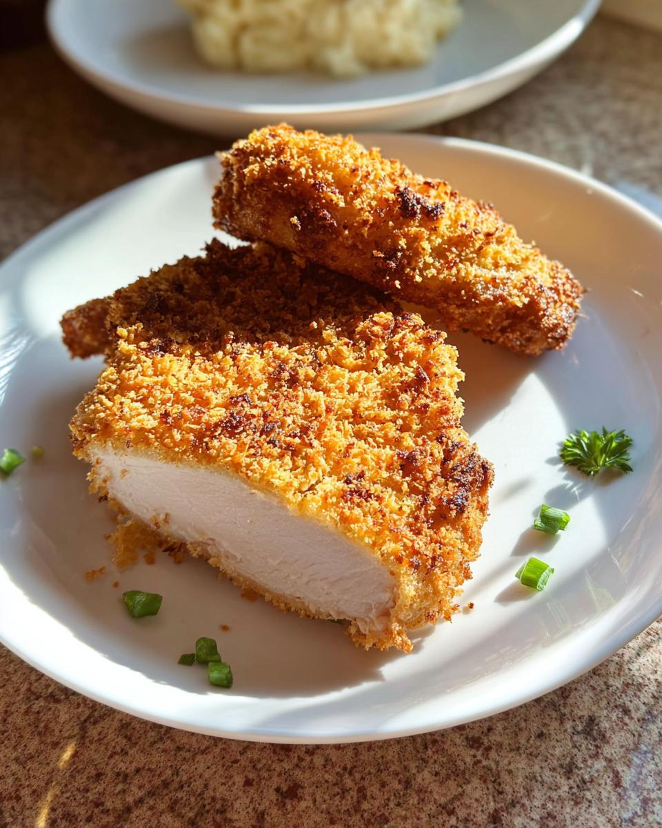 A cross-section view of juicy Baked Panko Crusted Pork Chops showing the white interior and golden, crispy crust.