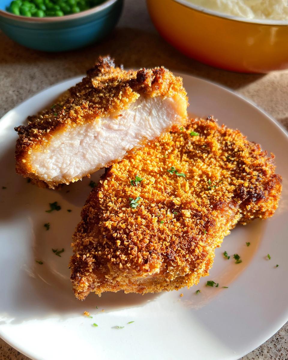 Two pieces of perfectly cooked Baked Panko Crusted Pork Chops on a white plate, showing the juicy white interior.