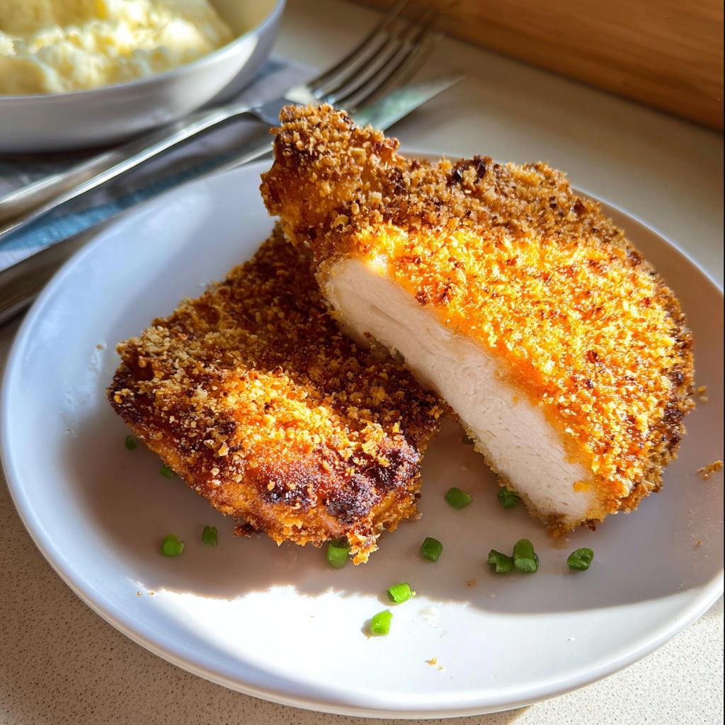 Two halves of a juicy Baked Panko Crusted Pork Chop showing the white interior and golden brown crust.