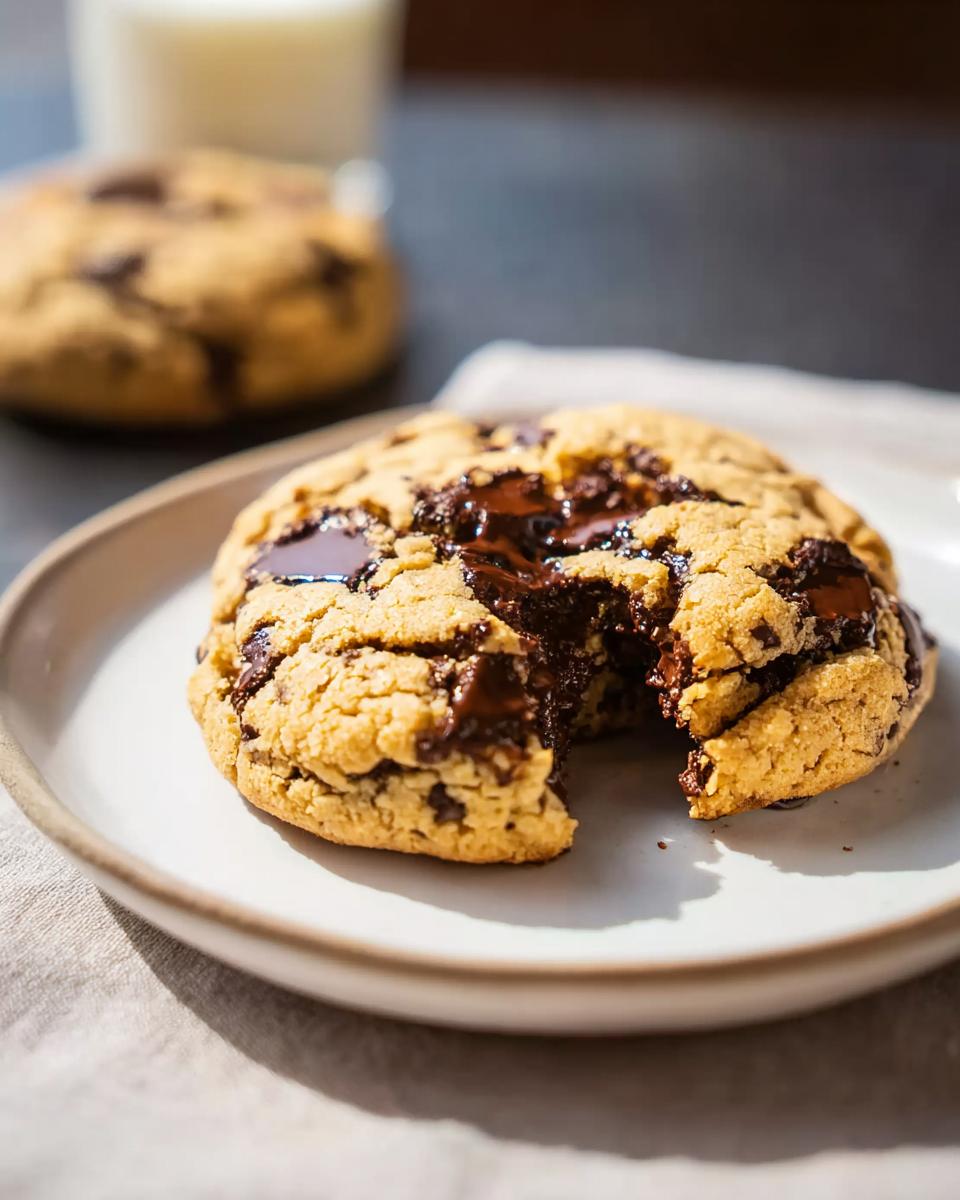 Close-up of a Bakery Style Giant Chocolate Chip Cookie with a bite taken out, showing gooey melted chocolate.