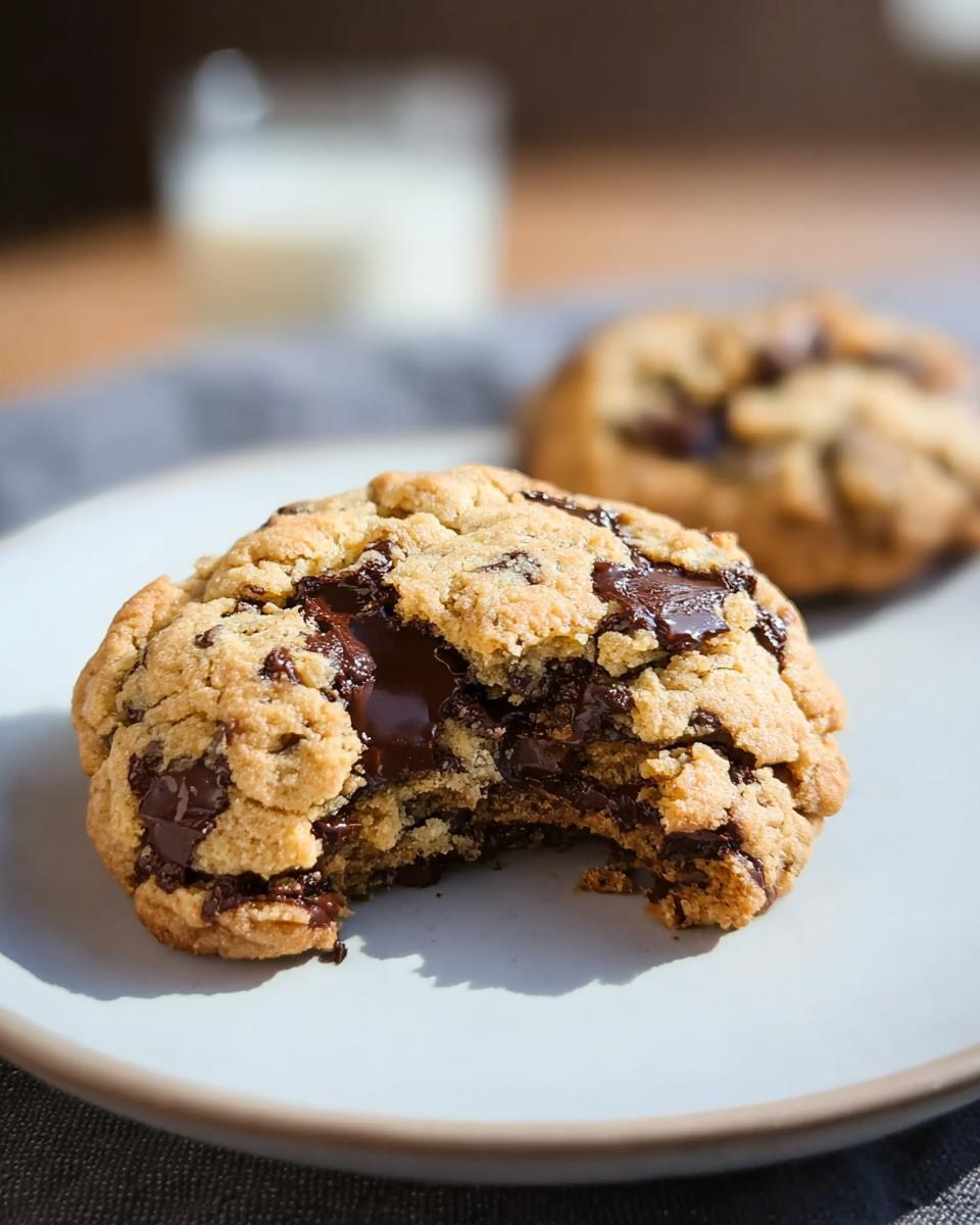 Close-up of a Bakery Style Giant Chocolate Chip Cookie with a bite taken out, revealing a gooey, melted chocolate center.