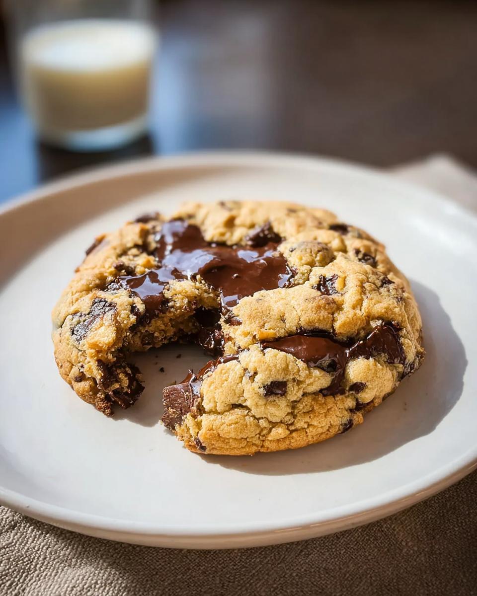 A giant Bakery Style Chocolate Chip Cookie with a bite taken out, showing gooey, melted chocolate pools.