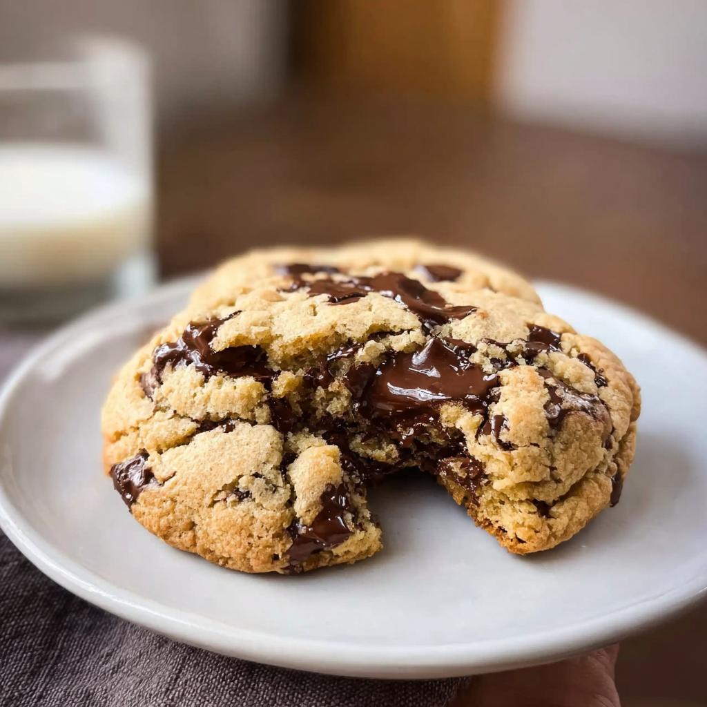 Close-up of a Bakery Style Giant Chocolate Chip Cookie with a bite taken out, showing melted chocolate.