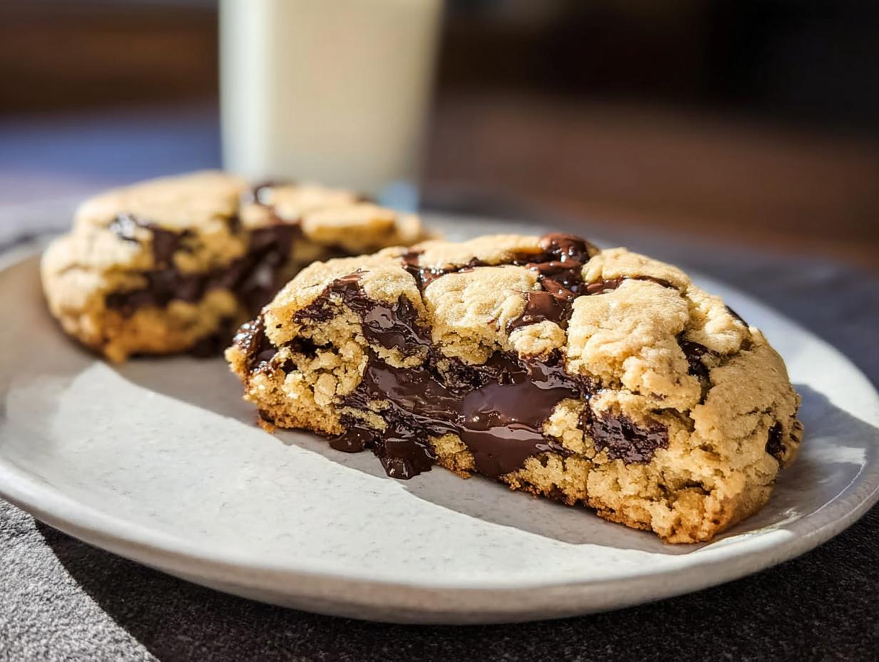Close-up of a Bakery Style Giant Chocolate Chip Cookie broken in half showing gooey, melted chocolate center.