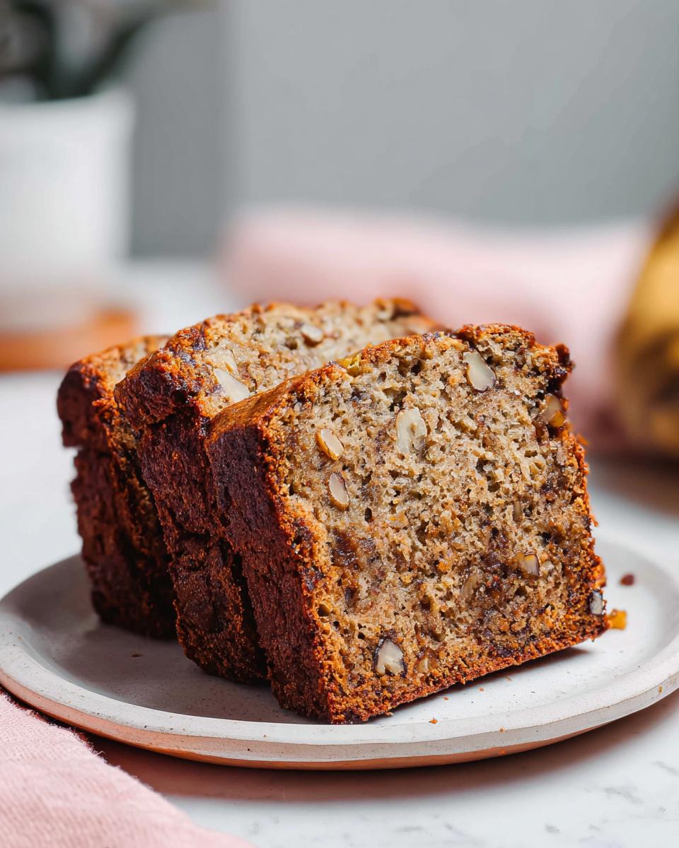 Three thick slices of moist Banana Nut Bread with Walnuts stacked on a small ceramic plate.