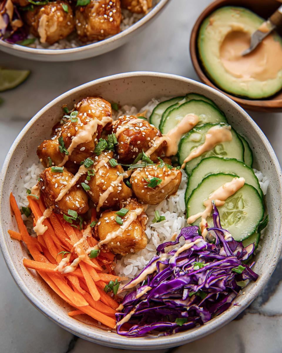 A close-up of a Bang Bang Chicken Bowl featuring glazed chicken pieces over rice with carrots, cucumber, and purple cabbage.