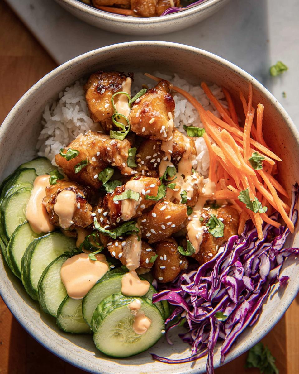 A vibrant Bang Bang Chicken Bowl featuring crispy chicken drizzled with sauce over rice, surrounded by sliced cucumbers, shredded carrots, and red cabbage.