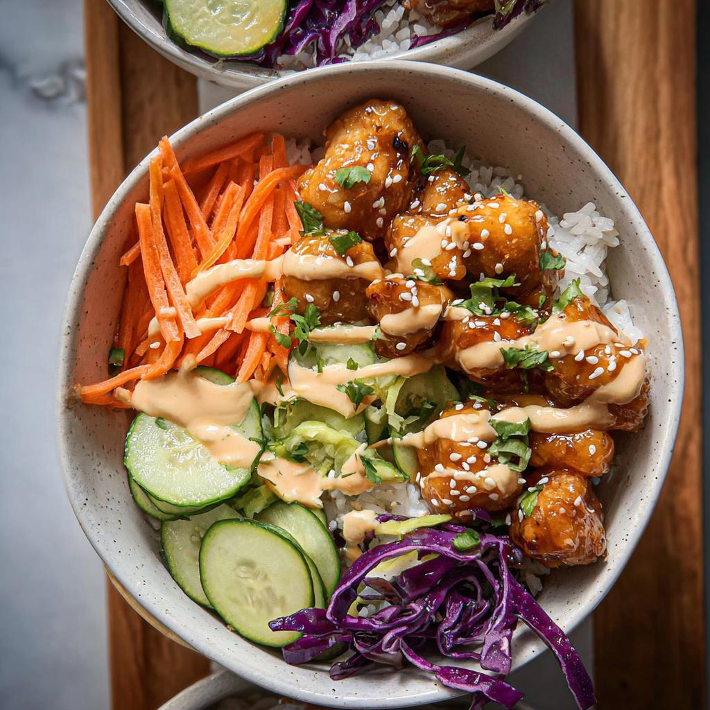 Overhead view of a vibrant Bang Bang Chicken Bowl featuring crispy chicken, rice, shredded carrots, cucumbers, and purple cabbage.