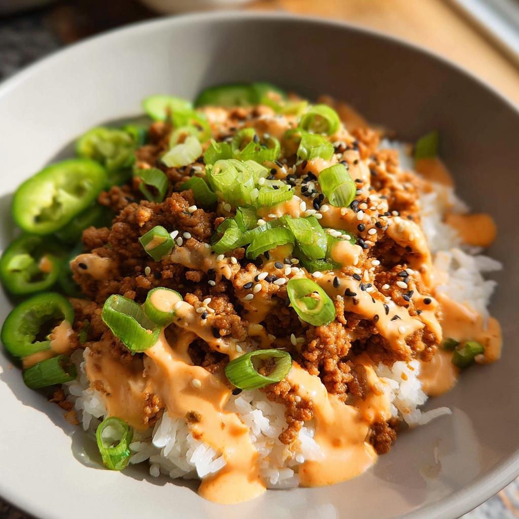 A close-up of Bang Bang Ground Turkey Rice Bowls topped with spicy sauce, green onions, and sesame seeds.