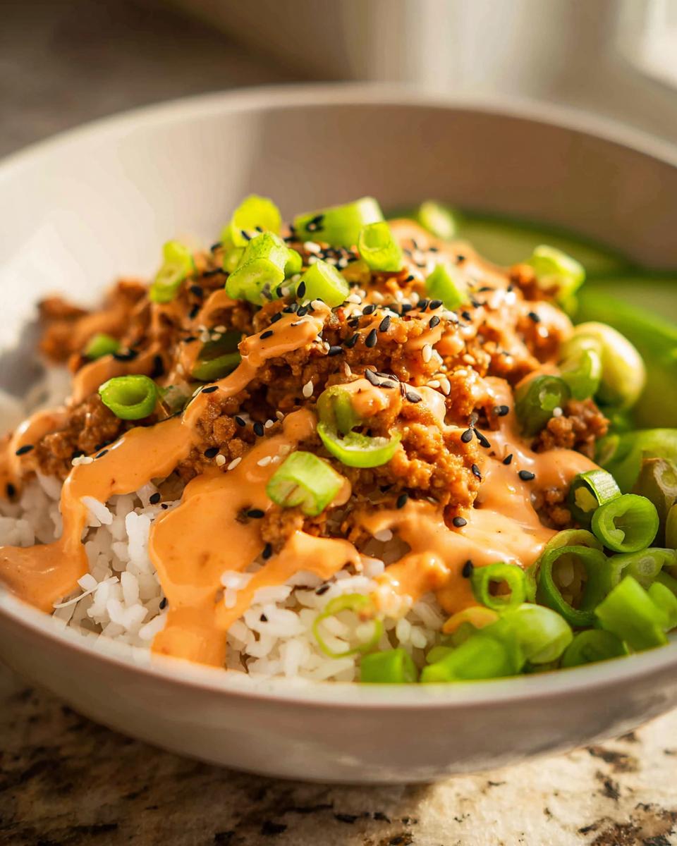 A close-up of Bang Bang Ground Turkey Rice Bowls featuring seasoned ground turkey, white rice, orange sauce, and green onions.
