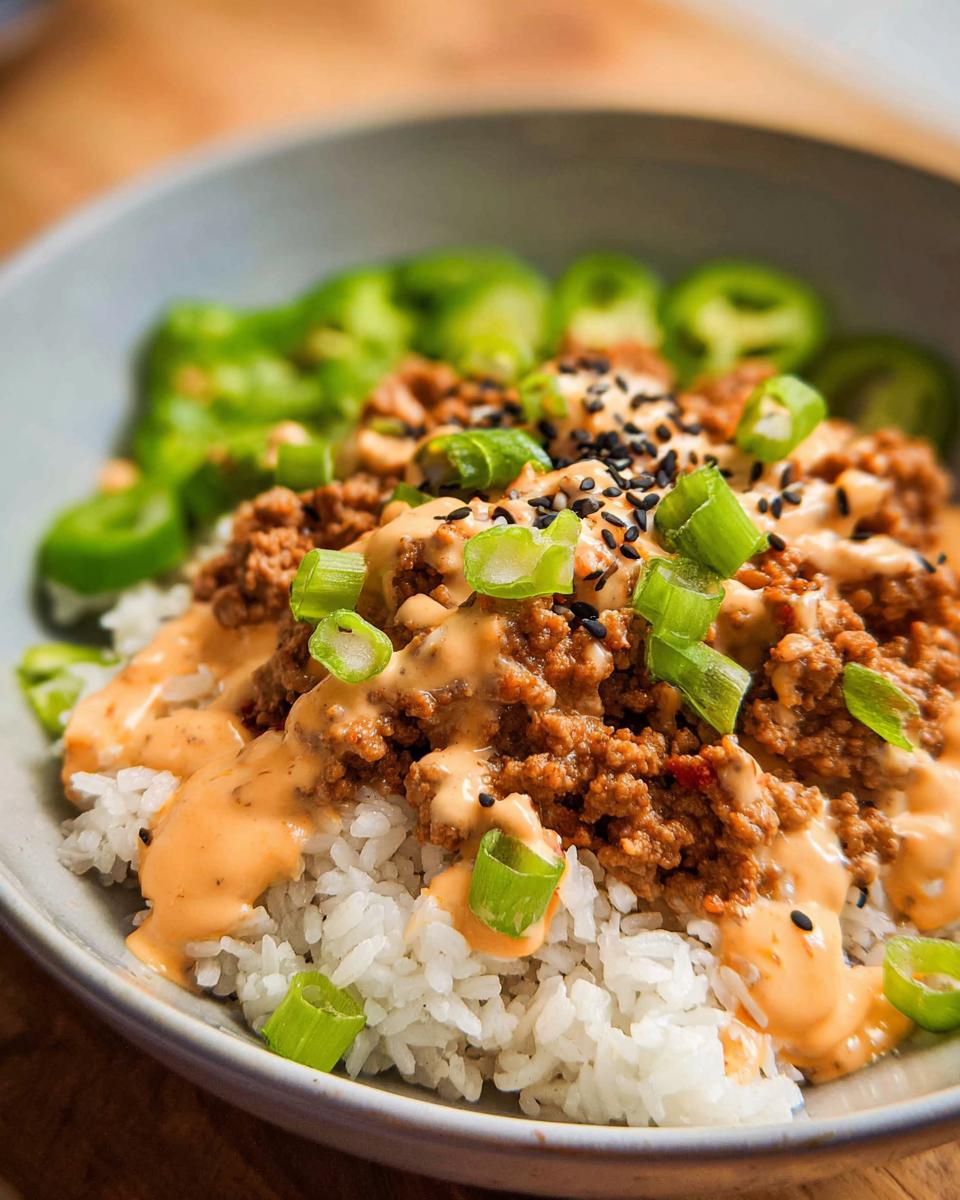 A close-up of Bang Bang Ground Turkey Rice Bowls featuring seasoned ground turkey over white rice, drizzled with creamy sauce, green onions, and sesame seeds.