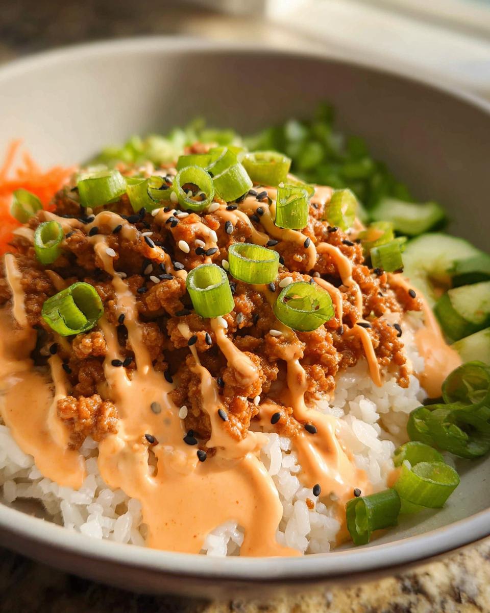 A close-up of a serving of Bang Bang Ground Turkey Rice Bowls, featuring ground turkey over white rice, drizzled with sauce and topped with green onions.