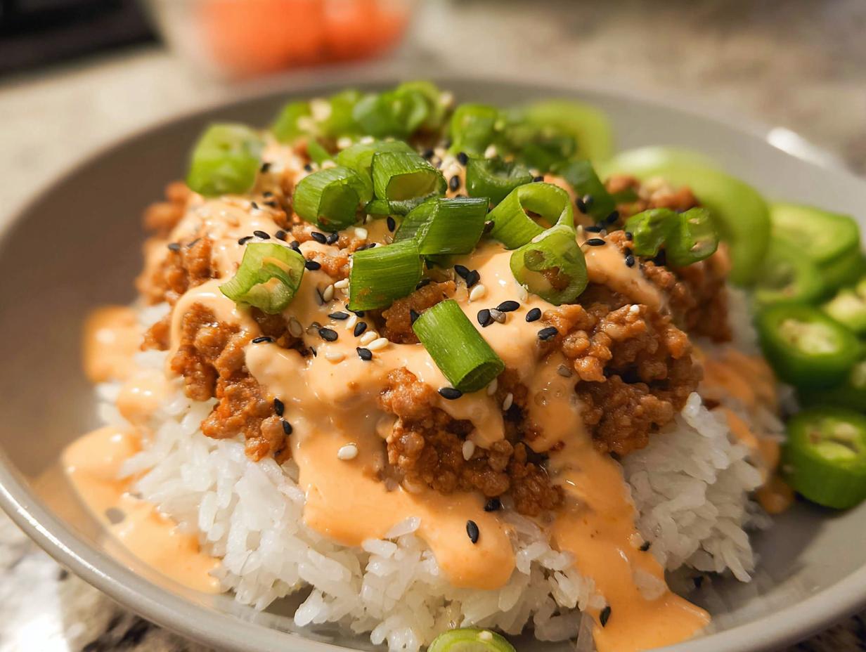 A close-up of Bang Bang Ground Turkey Rice Bowls featuring seasoned ground turkey over white rice, drizzled with creamy sauce and topped with green onions and sesame seeds.