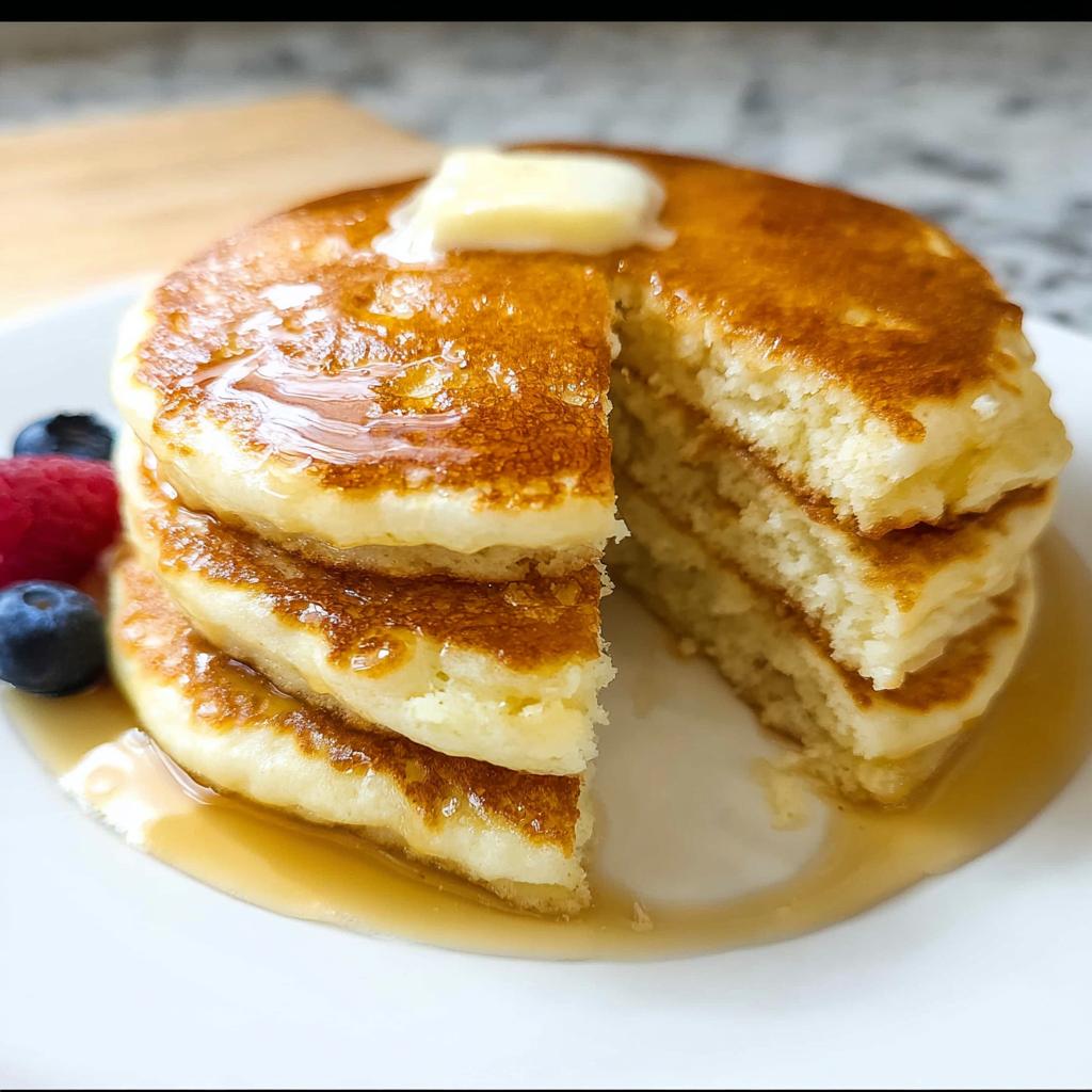 Close-up of a stack of fluffy homemade pancakes, drizzled with syrup, topped with butter, and served with berries.