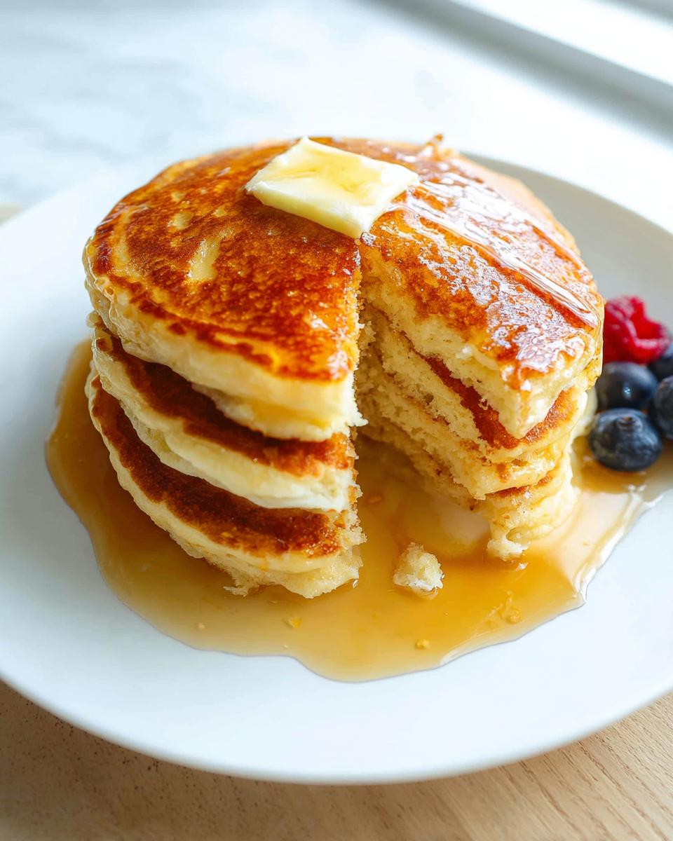 A tall stack of fluffy homemade pancakes recipe, drizzled with syrup and topped with melting butter, served with berries.