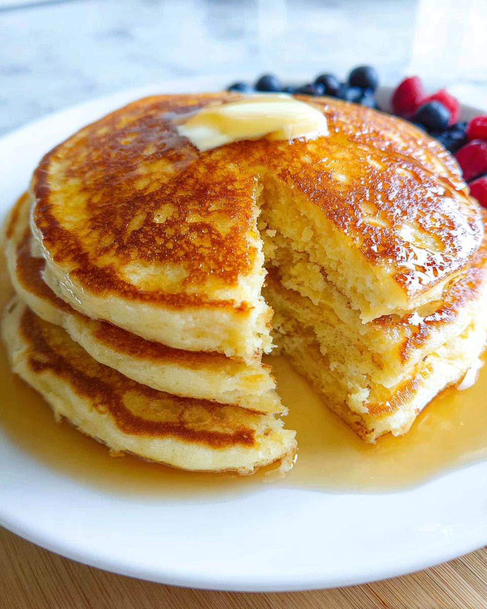 Close-up of a stack of fluffy homemade pancakes with a pat of melting butter, drizzled in syrup, and served with berries.