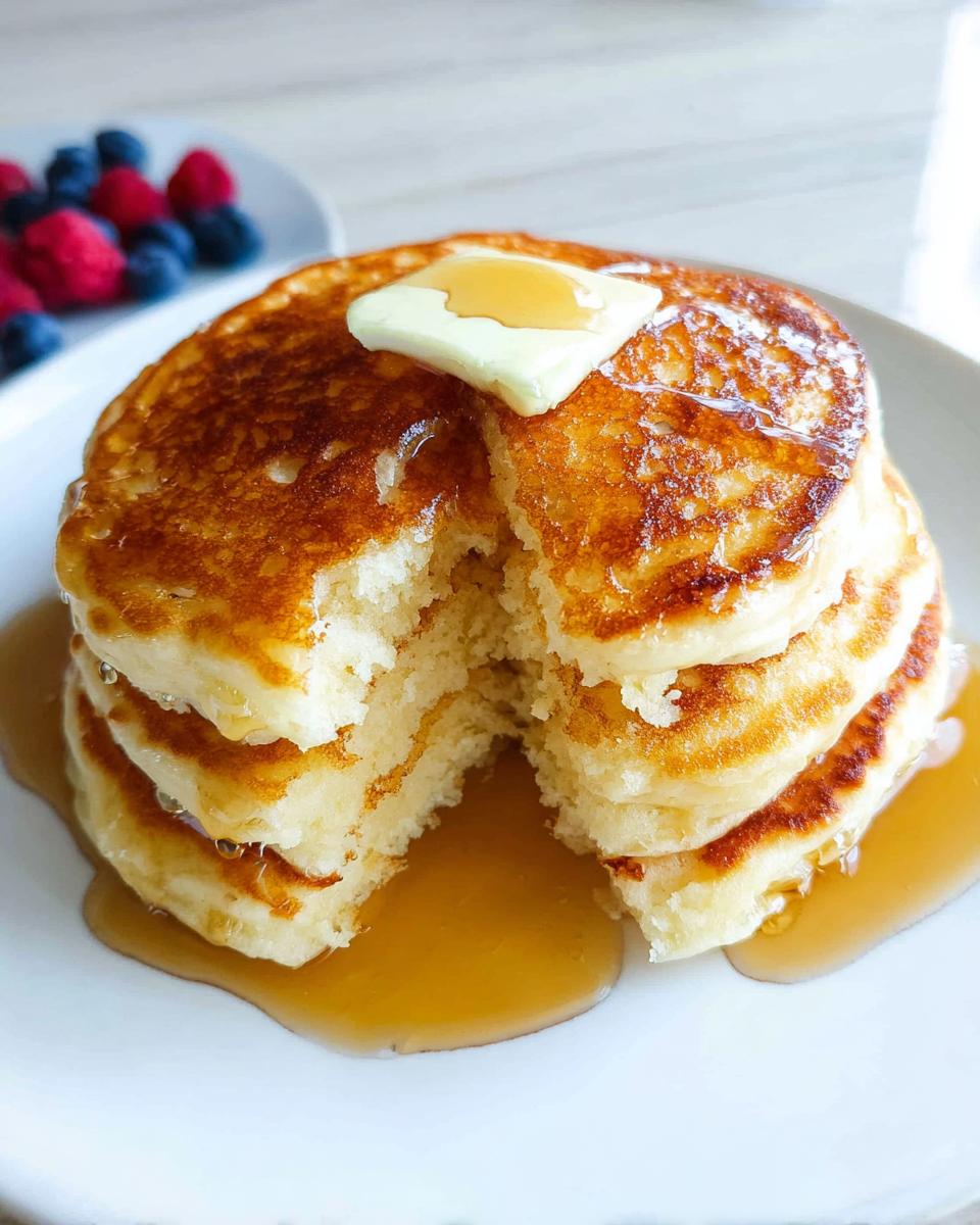 A tall stack of fluffy homemade pancakes topped with melting butter and drizzled with syrup.