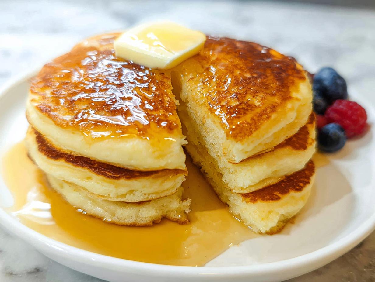 A tall stack of fluffy homemade pancakes cut in half, drizzled with syrup and topped with butter, served with berries.