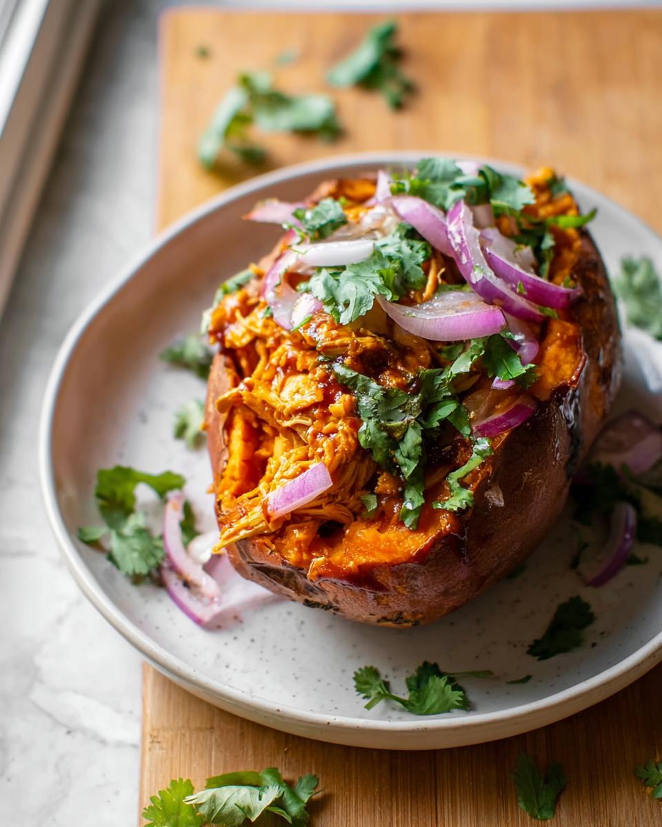 A baked sweet potato stuffed with shredded BBQ chicken, topped with red onion slices and fresh cilantro.