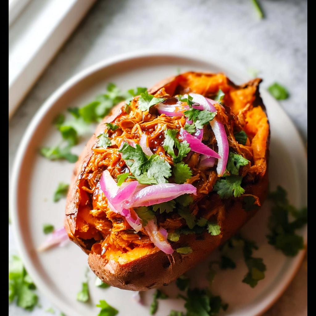 A close-up of BBQ Chicken Stuffed Sweet Potatoes topped with pickled red onions and fresh cilantro.