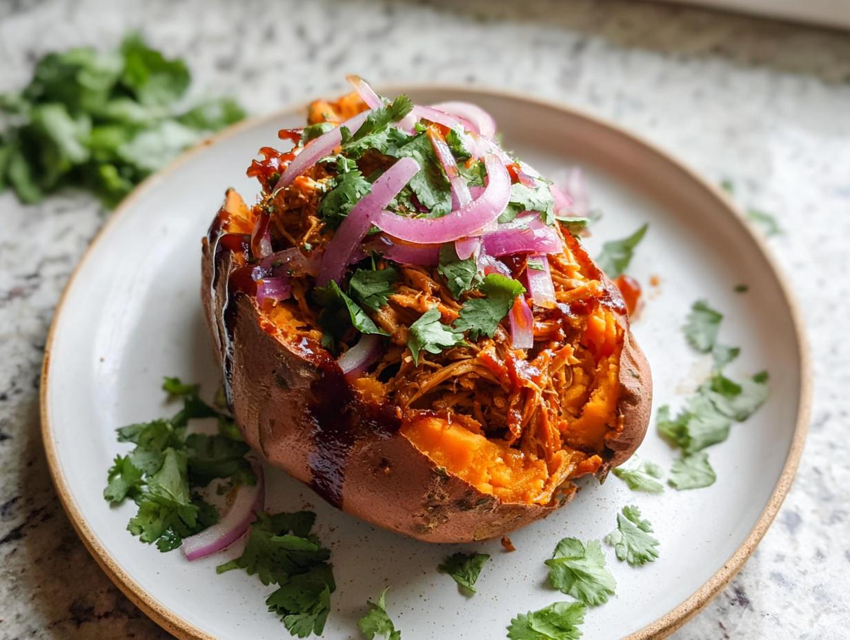 A baked sweet potato split open and filled with saucy BBQ chicken, topped with red onion slices and fresh cilantro for BBQ Chicken Stuffed Sweet Potatoes.