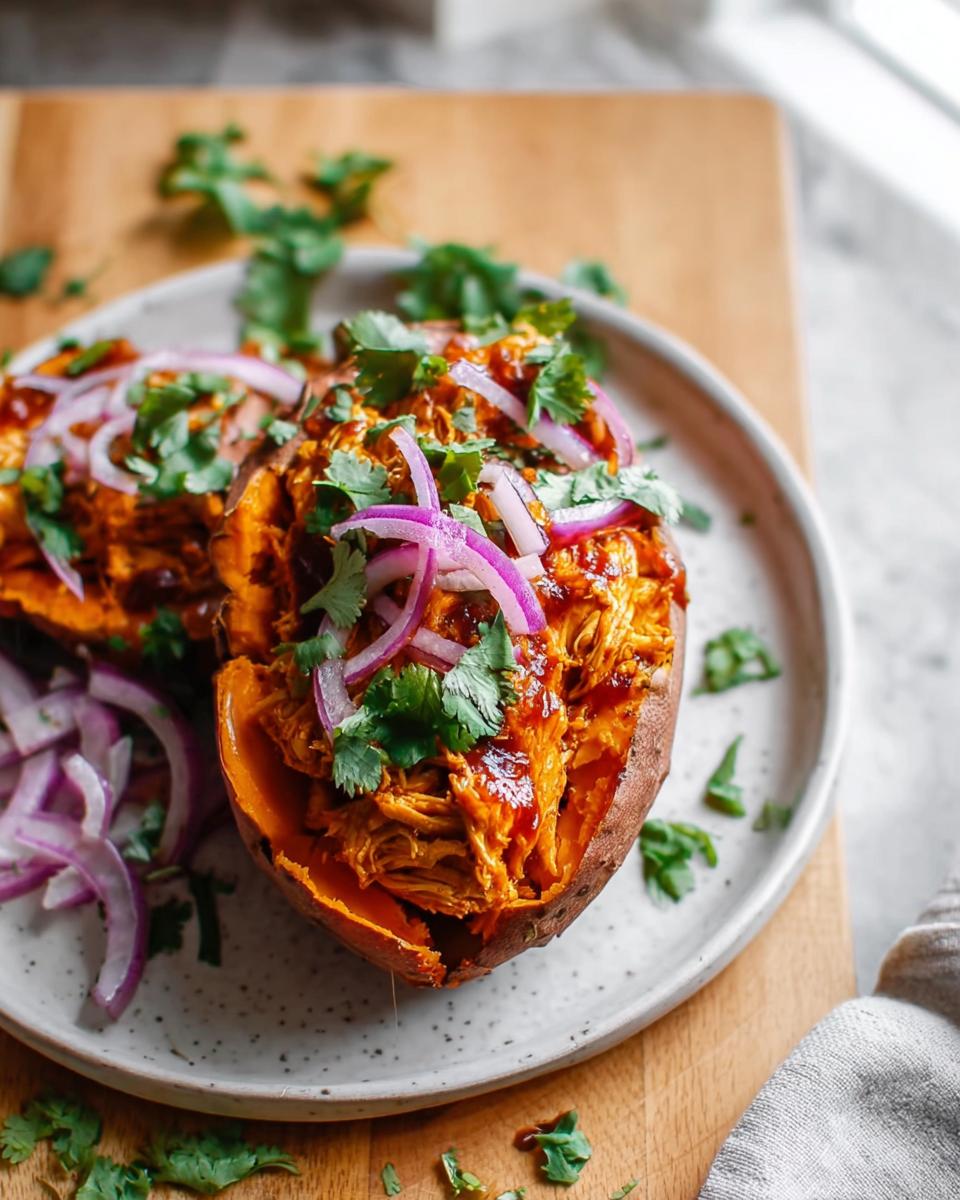 A close-up of BBQ Chicken Stuffed Sweet Potatoes topped with sliced red onions and fresh cilantro.