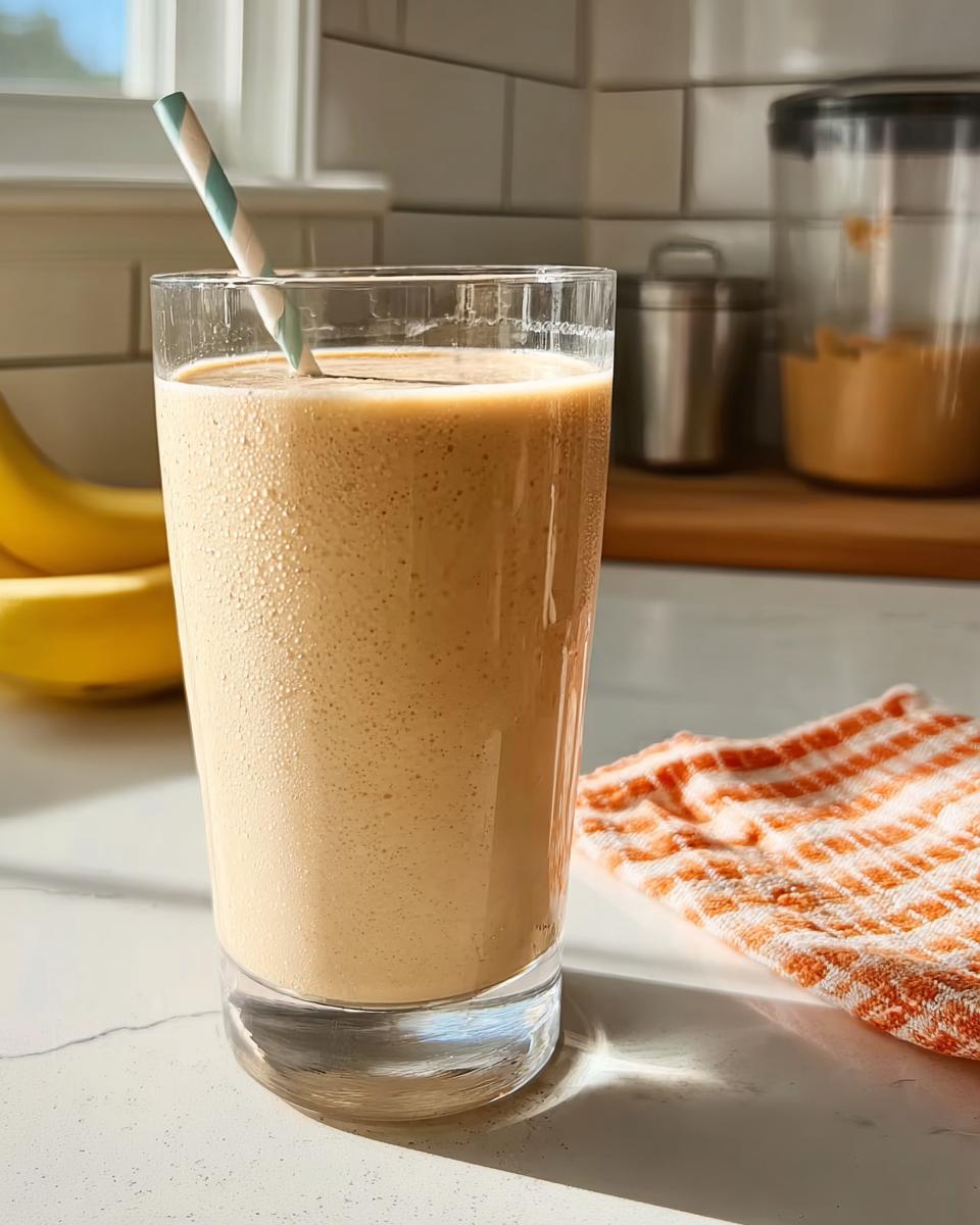 A tall glass filled with a creamy, light brown banana smoothie, featuring a striped straw, ready to drink.