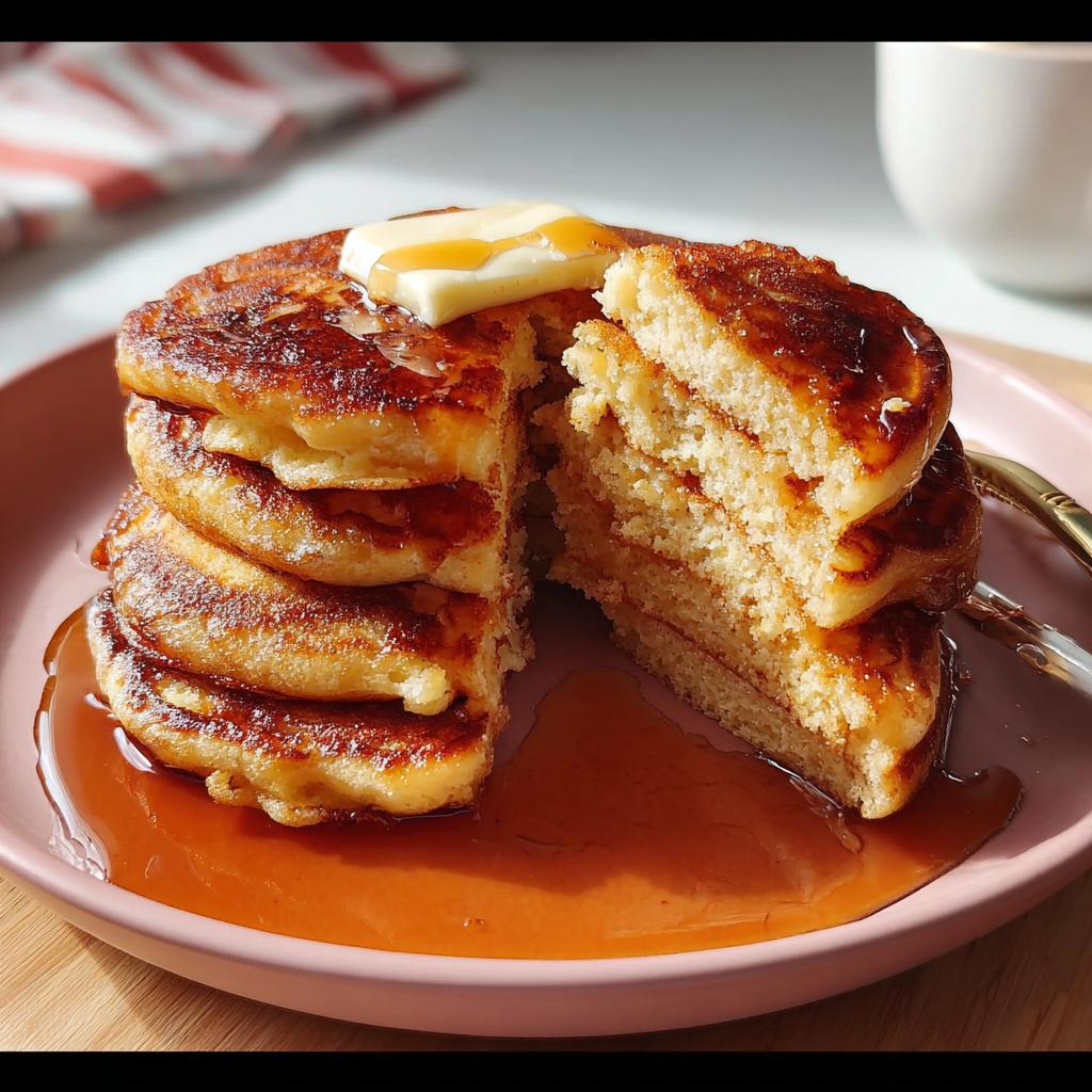 A tall stack of fluffy pancakes, cut open to show the airy interior, topped with butter and drizzled with syrup. Best Fluffy Pancake Recipe.