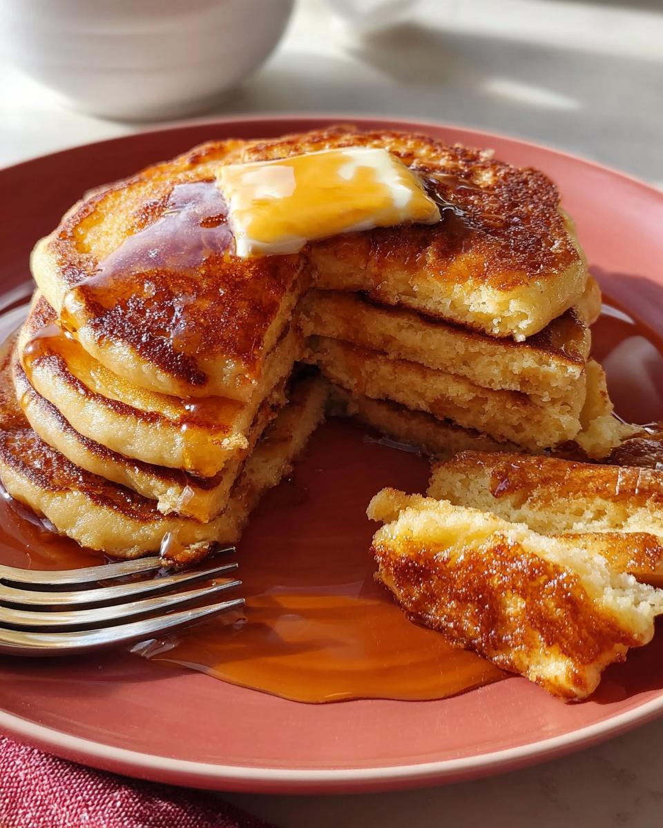 A tall stack of fluffy pancakes drizzled with syrup and topped with melting butter, perfect for the Best Fluffy Pancake Recipe.