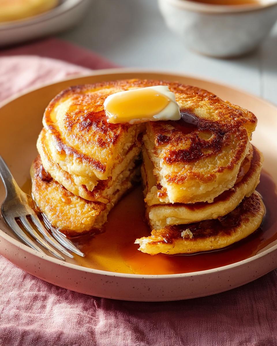 A tall stack of fluffy pancakes topped with melting butter and drizzled with syrup, cut open to show texture.