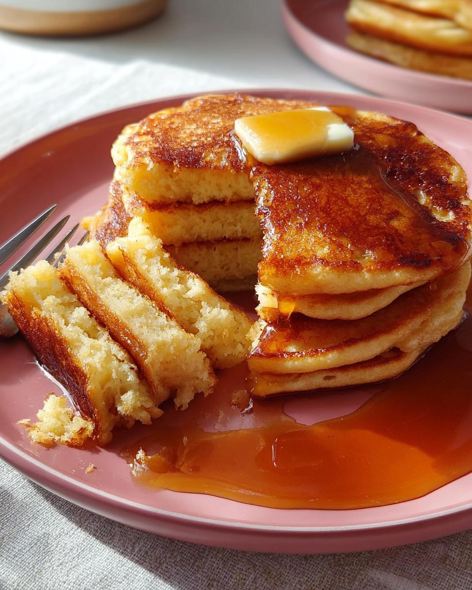 A stack of fluffy pancakes cut open to show the airy interior, topped with melting butter and drizzled with syrup.