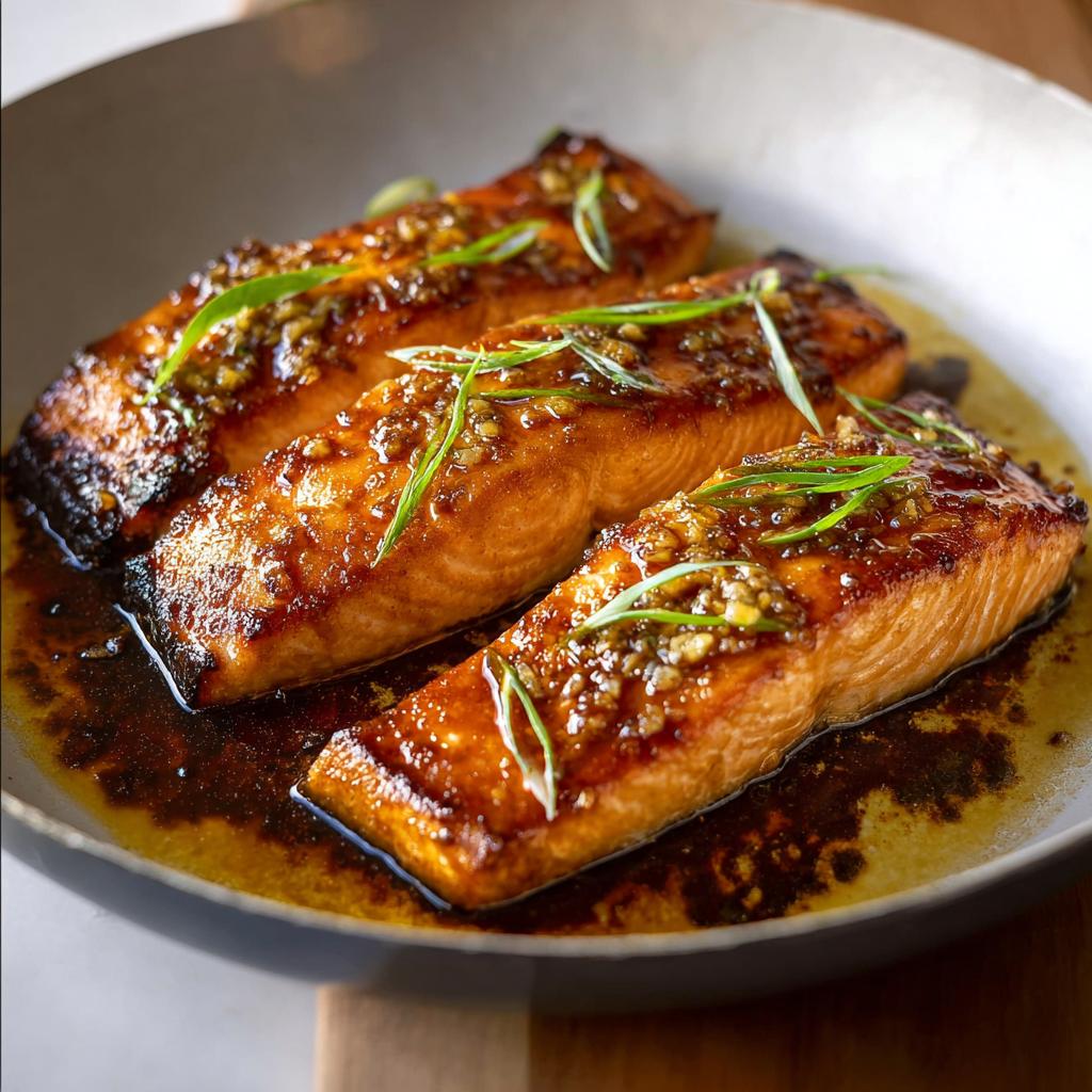 Three perfectly cooked Best Honey Garlic Baked Salmon Fillets glistening with a sticky glaze and garnished with green onions.