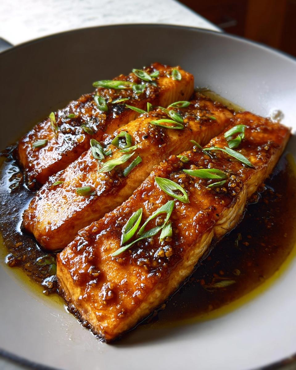 Three glistening fillets of Best Honey Garlic Baked Salmon Fillets covered in a thick, dark glaze and topped with sliced green onions.