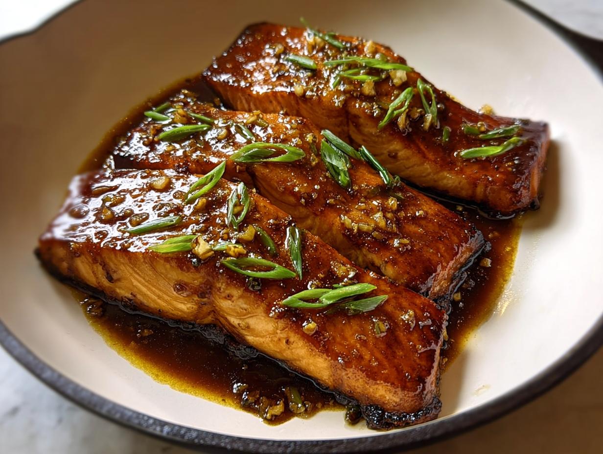 Three perfectly cooked Best Honey Garlic Baked Salmon Fillets covered in a rich, dark glaze and garnished with fresh green onions.