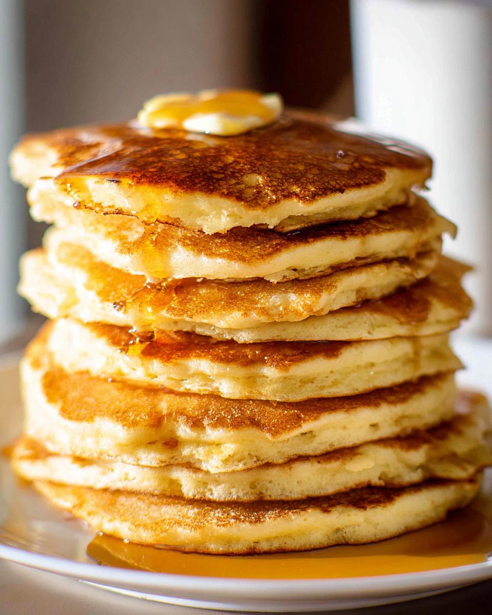 A tall stack of perfectly golden pancakes from scratch, topped with melting butter and drizzled with syrup.